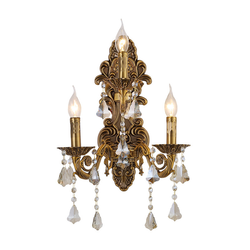 3 Heads Candle Wall Light Fixture Vintage Brass Metal Sconce Light with Crystal Drip Accent Clearhalo 'Wall Lamps & Sconces' 'Wall Lights' Lighting' 261391