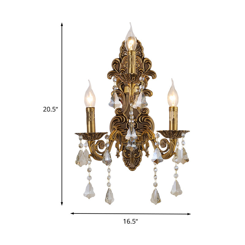 3 Heads Candle Wall Light Fixture Vintage Brass Metal Sconce Light with Crystal Drip Accent Clearhalo 'Wall Lamps & Sconces' 'Wall Lights' Lighting' 261392