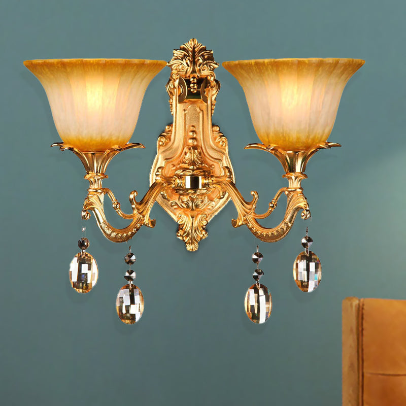 Flower Amber Glass Wall Mount Light Traditional 2 Heads Living Room Sconce Light in Brass Brass Clearhalo 'Wall Lamps & Sconces' 'Wall Lights' Lighting' 261409