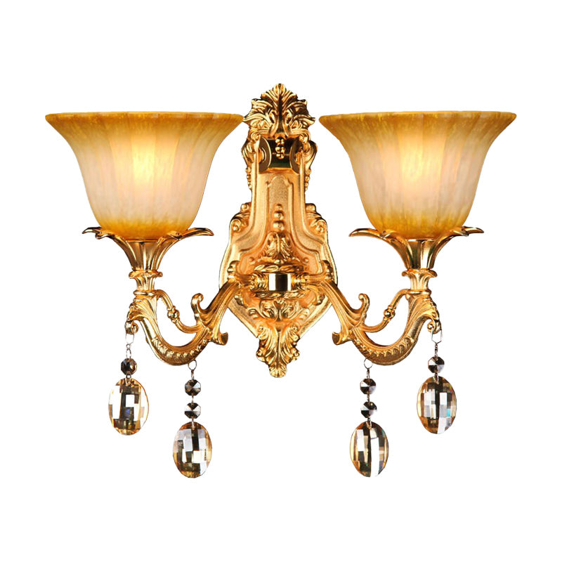 Flower Amber Glass Wall Mount Light Traditional 2 Heads Living Room Sconce Light in Brass Clearhalo 'Wall Lamps & Sconces' 'Wall Lights' Lighting' 261411