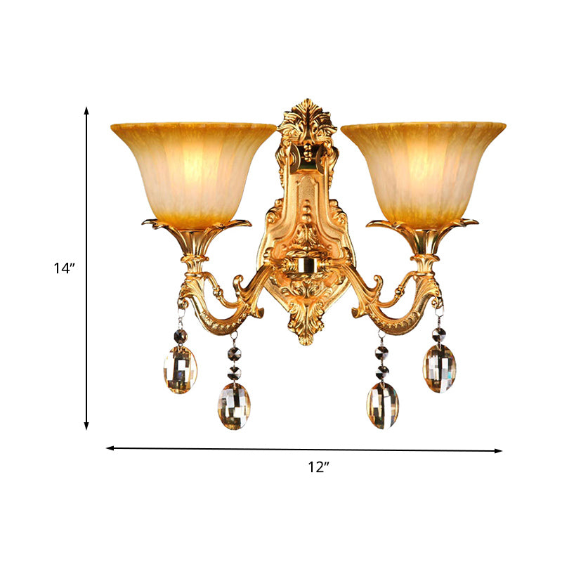 Flower Amber Glass Wall Mount Light Traditional 2 Heads Living Room Sconce Light in Brass Clearhalo 'Wall Lamps & Sconces' 'Wall Lights' Lighting' 261412