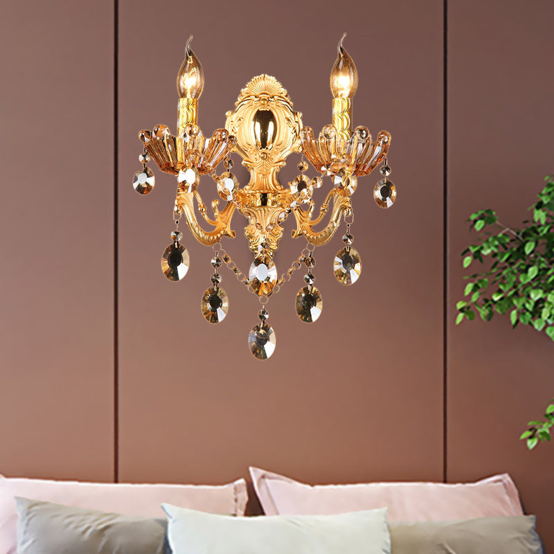 Brass Candelabra Sconce Light Traditional Metal 2 Heads Living Room Wall Mount Light Fixture with Crystal Drop Accent Clearhalo 'Wall Lamps & Sconces' 'Wall Lights' Lighting' 261415