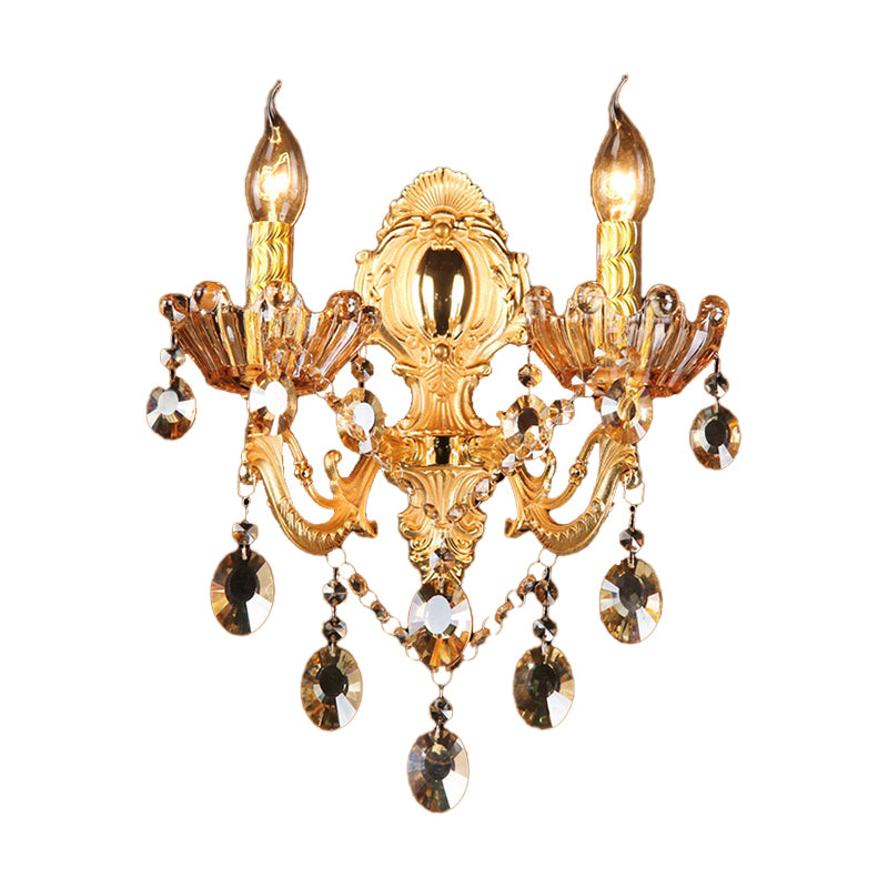 Brass Candelabra Sconce Light Traditional Metal 2 Heads Living Room Wall Mount Light Fixture with Crystal Drop Accent Clearhalo 'Wall Lamps & Sconces' 'Wall Lights' Lighting' 261417