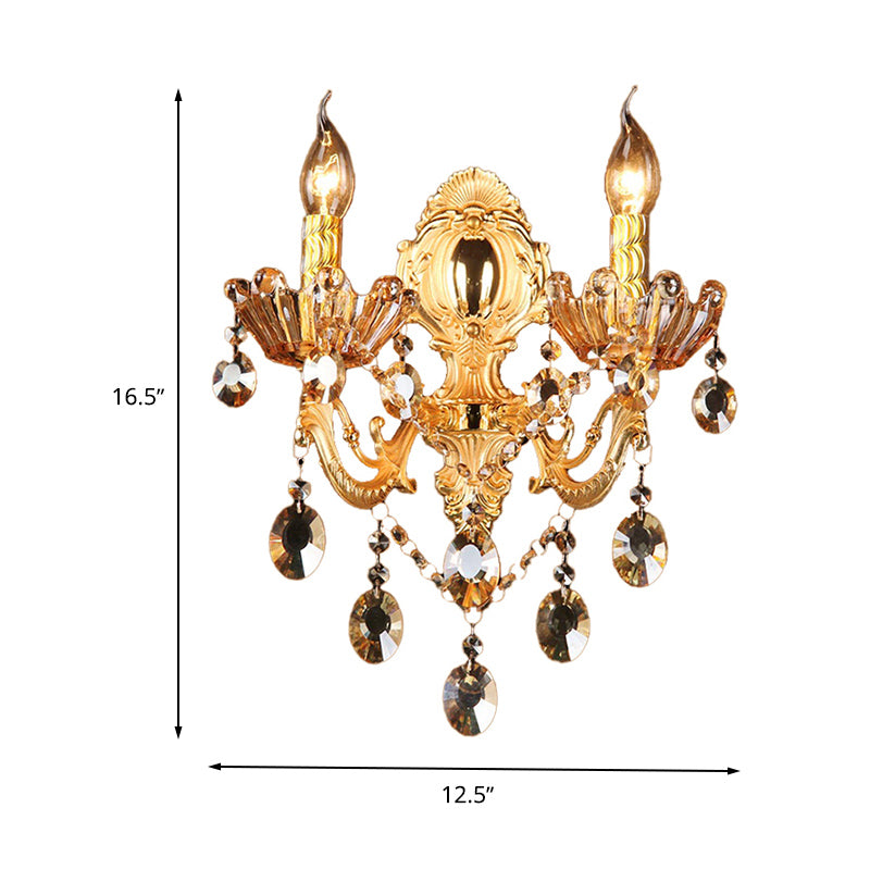 Brass Candelabra Sconce Light Traditional Metal 2 Heads Living Room Wall Mount Light Fixture with Crystal Drop Accent Clearhalo 'Wall Lamps & Sconces' 'Wall Lights' Lighting' 261418