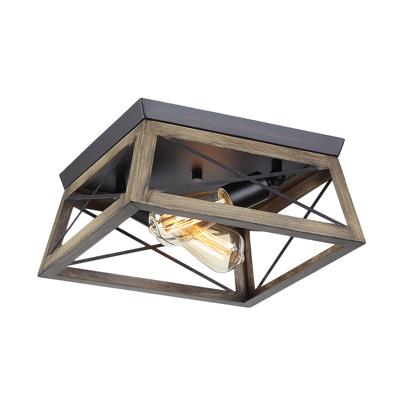 Cuboid Wood Frame Ceiling Lamp Farmhouse 2-Light Brown Flush Mount Light Fixture Clearhalo 'Ceiling Lights' 'Close To Ceiling Lights' 'Close to ceiling' 'Flush mount' Lighting' 261441