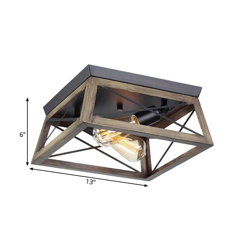 Cuboid Wood Frame Ceiling Lamp Farmhouse 2-Light Brown Flush Mount Light Fixture Clearhalo 'Ceiling Lights' 'Close To Ceiling Lights' 'Close to ceiling' 'Flush mount' Lighting' 261442