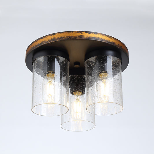 Clear Glass Ceiling Flush Light Downward Cylindrical 3 Bulbs Rustic Flushmount Lighting Clear Clearhalo 'Ceiling Lights' 'Close To Ceiling Lights' 'Close to ceiling' 'Flush mount' Lighting' 261444