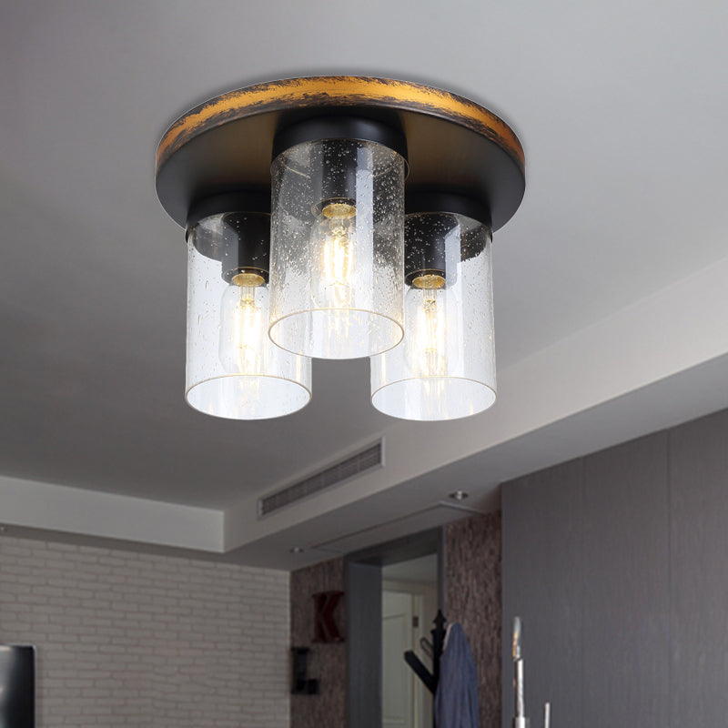 Clear Glass Ceiling Flush Light Downward Cylindrical 3 Bulbs Rustic Flushmount Lighting Clearhalo 'Ceiling Lights' 'Close To Ceiling Lights' 'Close to ceiling' 'Flush mount' Lighting' 261445