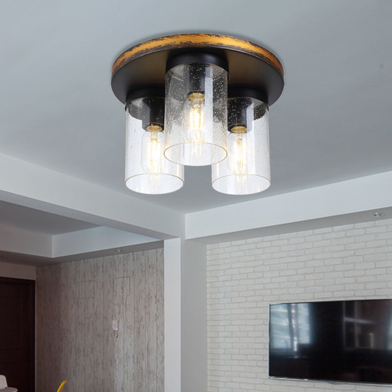 Clear Glass Ceiling Flush Light Downward Cylindrical 3 Bulbs Rustic Flushmount Lighting Clearhalo 'Ceiling Lights' 'Close To Ceiling Lights' 'Close to ceiling' 'Flush mount' Lighting' 261446