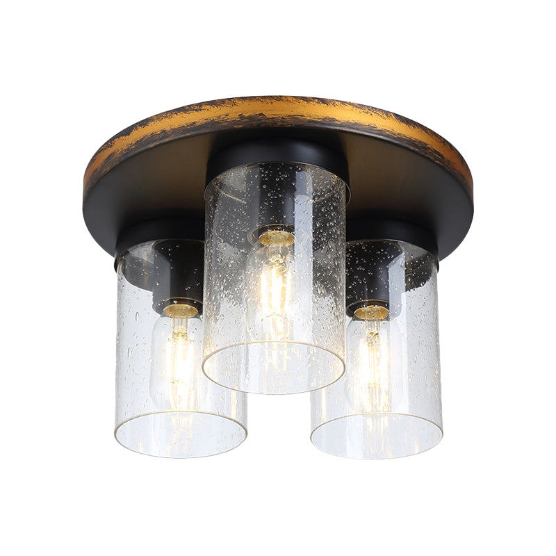 Clear Glass Ceiling Flush Light Downward Cylindrical 3 Bulbs Rustic Flushmount Lighting Clearhalo 'Ceiling Lights' 'Close To Ceiling Lights' 'Close to ceiling' 'Flush mount' Lighting' 261447