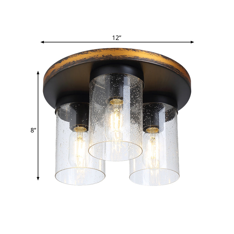 Clear Glass Ceiling Flush Light Downward Cylindrical 3 Bulbs Rustic Flushmount Lighting Clearhalo 'Ceiling Lights' 'Close To Ceiling Lights' 'Close to ceiling' 'Flush mount' Lighting' 261448