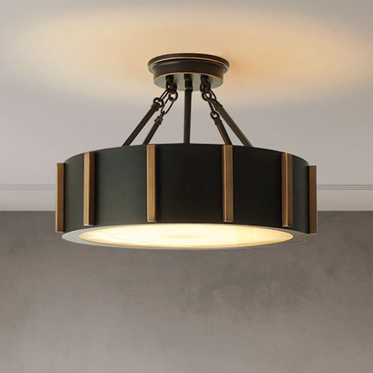 LED Semi Flush Drum Light Rustic Black Metallic Close to Ceiling Light Fixture, Warm Light Black Clearhalo 'Ceiling Lights' 'Close To Ceiling Lights' 'Close to ceiling' 'Semi-flushmount' Lighting' 261461