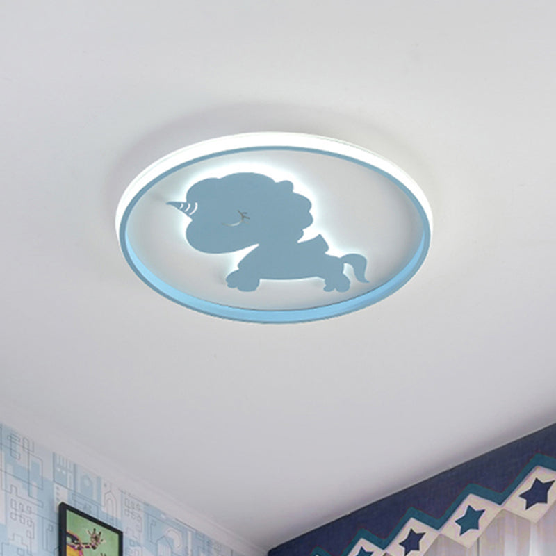 Ring Flush Lamp with Blue/Pink Horse/Elephant Design Metal Led Cartoon Ceiling Light for Children Blue Horse Clearhalo 'Ceiling Lights' 'Close To Ceiling Lights' 'Close to ceiling' 'Flush mount' Lighting' 261614