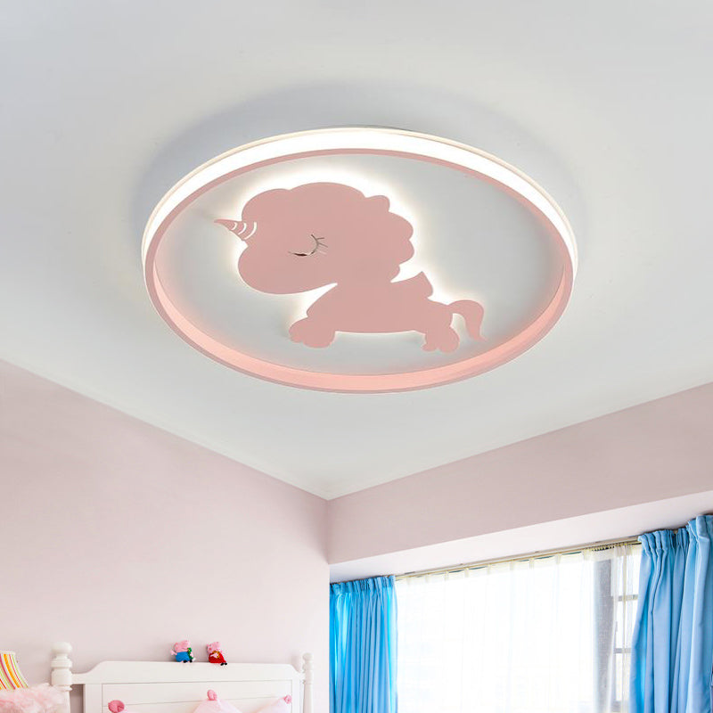 Ring Flush Lamp with Blue/Pink Horse/Elephant Design Metal Led Cartoon Ceiling Light for Children Pink Horse Clearhalo 'Ceiling Lights' 'Close To Ceiling Lights' 'Close to ceiling' 'Flush mount' Lighting' 261621