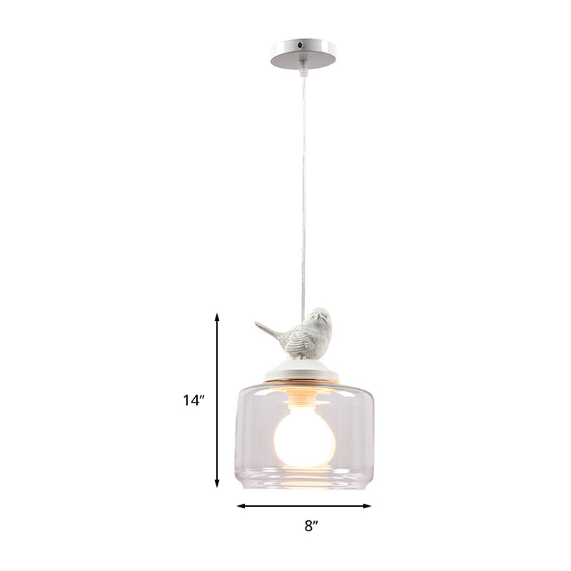 Drum Pendant Light Fixture Contemporary Clear Glass 1 Head Restaurant Hanging Lamp with Bird Decoration Clearhalo 'Ceiling Lights' 'Glass shade' 'Glass' 'Modern Pendants' 'Modern' 'Pendant Lights' 'Pendants' Lighting' 261628