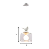 Drum Pendant Light Fixture Contemporary Clear Glass 1 Head Restaurant Hanging Lamp with Bird Decoration Clearhalo 'Ceiling Lights' 'Glass shade' 'Glass' 'Modern Pendants' 'Modern' 'Pendant Lights' 'Pendants' Lighting' 261628