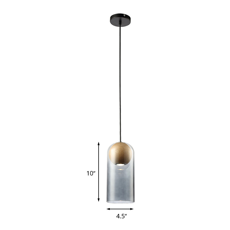 Cylinder Pendant Light Fixture Modern Smoke Gray Glass Dining Room Hanging Light with Globe Wood Shade Inside Clearhalo 'Ceiling Lights' 'Glass shade' 'Glass' 'Modern Pendants' 'Modern' 'Pendant Lights' 'Pendants' Lighting' 261639