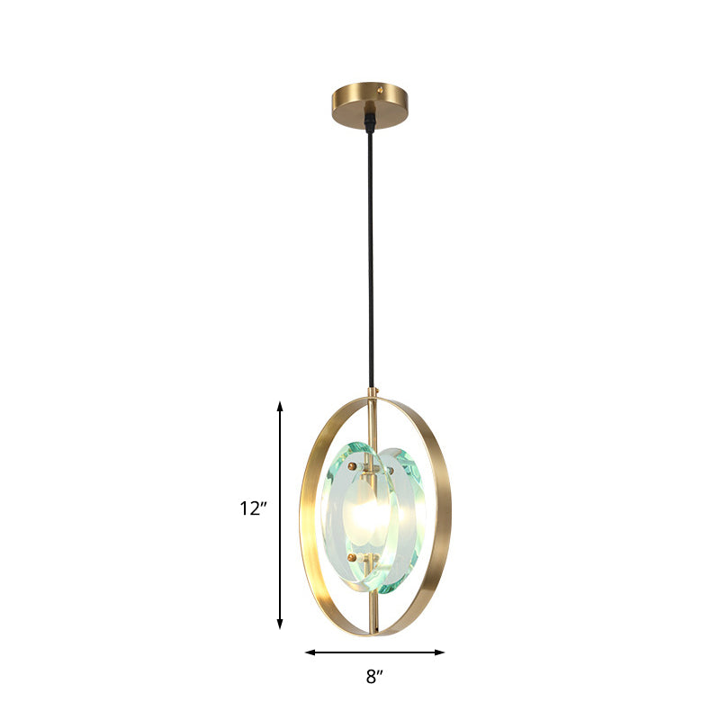 Gold Oval Frame Pendant Ceiling Light Contemporary 1 Head Metal Hanging Light Fixture with Clear Crystal Shade Clearhalo 'Ceiling Lights' 'Modern Pendants' 'Modern' 'Pendant Lights' 'Pendants' Lighting' 261642