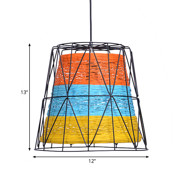 Bucket Ceiling Light Lodge Style Metallic and Rope 1 Light White/Blue-Orange-Yellow Pendant Lamp with Wire Frame Clearhalo 'Art Deco Pendants' 'Cast Iron' 'Ceiling Lights' 'Ceramic' 'Crystal' 'Industrial Pendants' 'Industrial' 'Metal' 'Middle Century Pendants' 'Pendant Lights' 'Pendants' 'Tiffany' Lighting' 261652