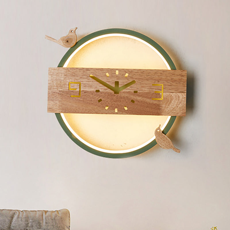 Ring LED Sconce Light with Wooden Clock & Bird Deco Kids Acrylic Wall Lamp for Living Room Green Clearhalo 'Wall Lamps & Sconces' 'Wall Lights' Lighting' 261654