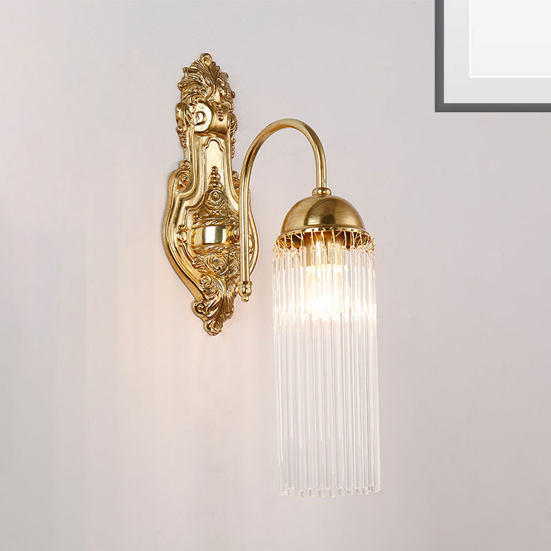 Tubular Corridor Wall Lighting Clear Crystal 1/2-Bulb Modern Style Sconce Lamp with Metal Gooseneck Arm in Gold 1.0 Gold Clearhalo 'Modern wall lights' 'Modern' 'Wall Lamps & Sconces' 'Wall Lights' Lighting' 261669