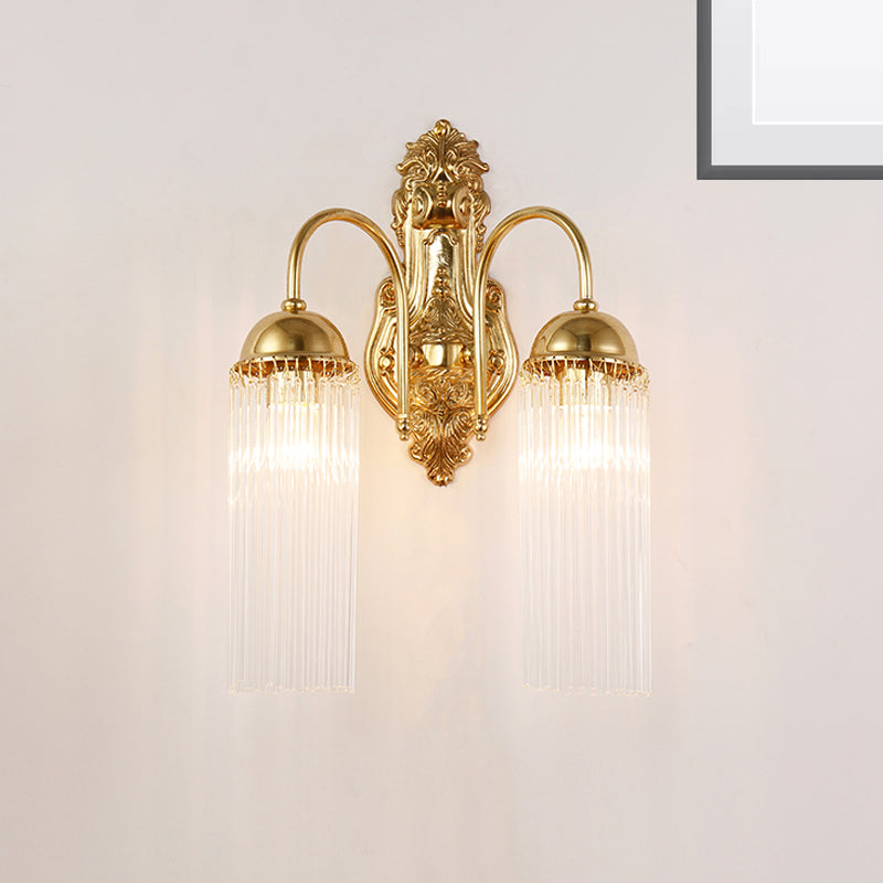 Tubular Corridor Wall Lighting Clear Crystal 1/2-Bulb Modern Style Sconce Lamp with Metal Gooseneck Arm in Gold 2.0 Gold Clearhalo 'Modern wall lights' 'Modern' 'Wall Lamps & Sconces' 'Wall Lights' Lighting' 261673