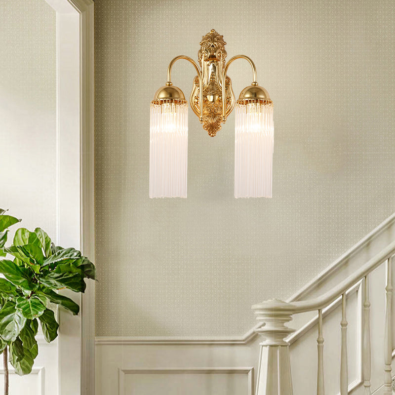 Tubular Corridor Wall Lighting Clear Crystal 1/2-Bulb Modern Style Sconce Lamp with Metal Gooseneck Arm in Gold Clearhalo 'Modern wall lights' 'Modern' 'Wall Lamps & Sconces' 'Wall Lights' Lighting' 261674