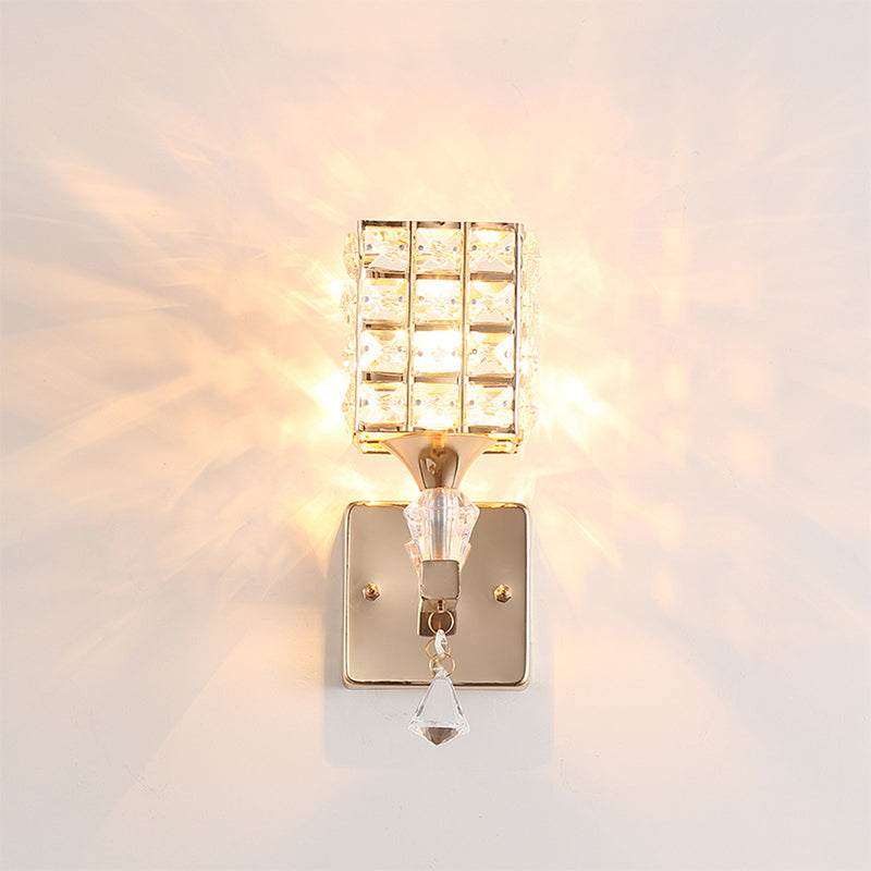 Cubic Shade Wall Sconce Modern Stylish Clear Crystal and Metal 1 Light Bedroom Wall Sconce Fixture in Silver/Gold Gold Clearhalo 'Modern wall lights' 'Modern' 'Wall Lamps & Sconces' 'Wall Lights' Lighting' 261684