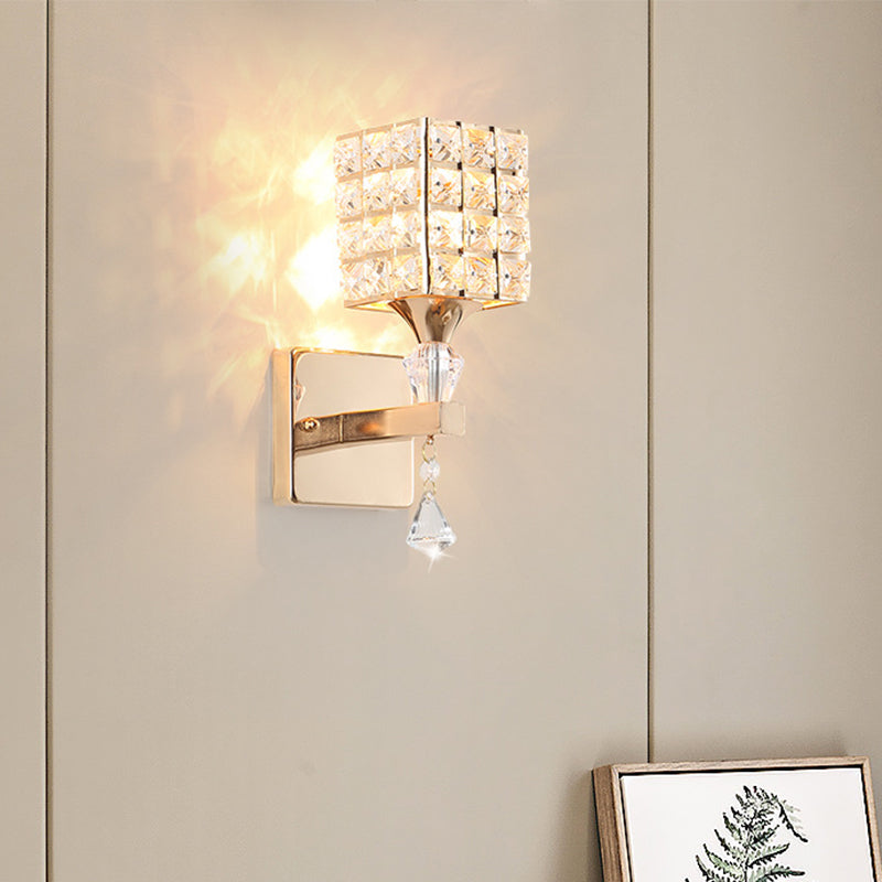 Cubic Shade Wall Sconce Modern Stylish Clear Crystal and Metal 1 Light Bedroom Wall Sconce Fixture in Silver/Gold Clearhalo 'Modern wall lights' 'Modern' 'Wall Lamps & Sconces' 'Wall Lights' Lighting' 261685