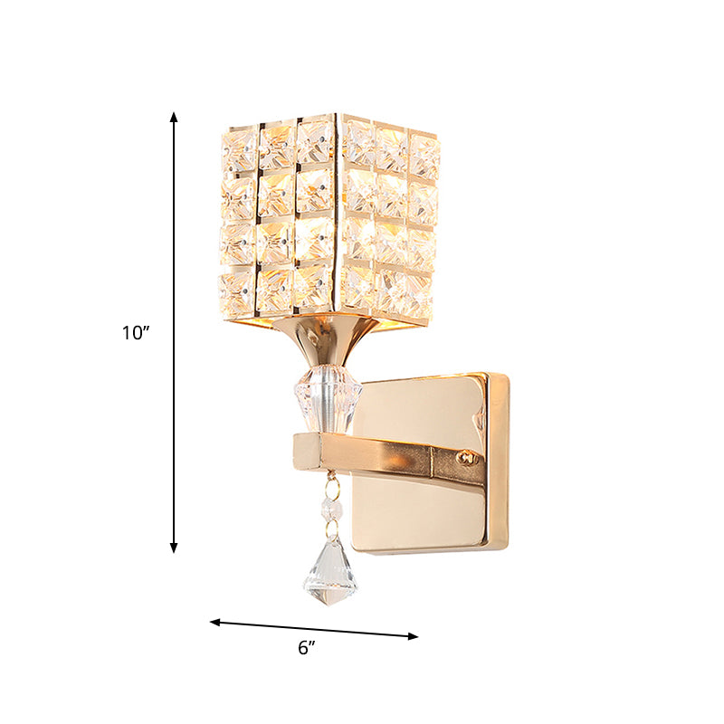 Cubic Shade Wall Sconce Modern Stylish Clear Crystal and Metal 1 Light Bedroom Wall Sconce Fixture in Silver/Gold Clearhalo 'Modern wall lights' 'Modern' 'Wall Lamps & Sconces' 'Wall Lights' Lighting' 261687