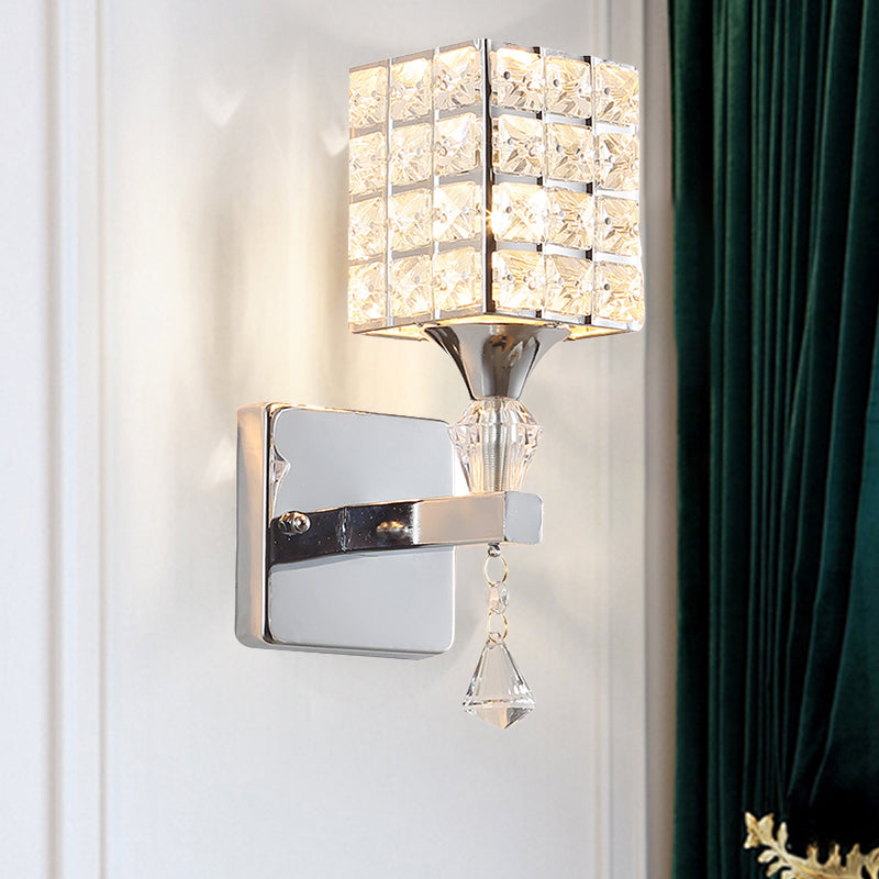 Cubic Shade Wall Sconce Modern Stylish Clear Crystal and Metal 1 Light Bedroom Wall Sconce Fixture in Silver/Gold Silver Clearhalo 'Modern wall lights' 'Modern' 'Wall Lamps & Sconces' 'Wall Lights' Lighting' 261689