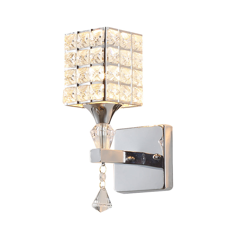 Cubic Shade Wall Sconce Modern Stylish Clear Crystal and Metal 1 Light Bedroom Wall Sconce Fixture in Silver/Gold Clearhalo 'Modern wall lights' 'Modern' 'Wall Lamps & Sconces' 'Wall Lights' Lighting' 261691