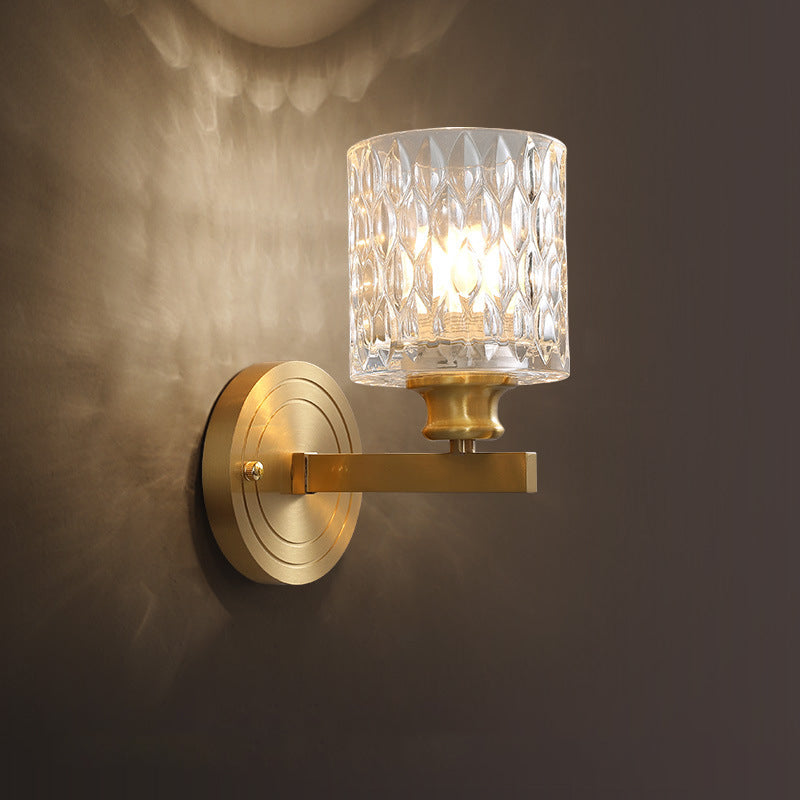 Cylindrical Wall Light Contemporary Stylish Clear Dimpled Glass 1 Bulb Golden Wall Sconce Fixture for Bedroom Gold Clearhalo 'Modern wall lights' 'Modern' 'Wall Lamps & Sconces' 'Wall Lights' Lighting' 261699