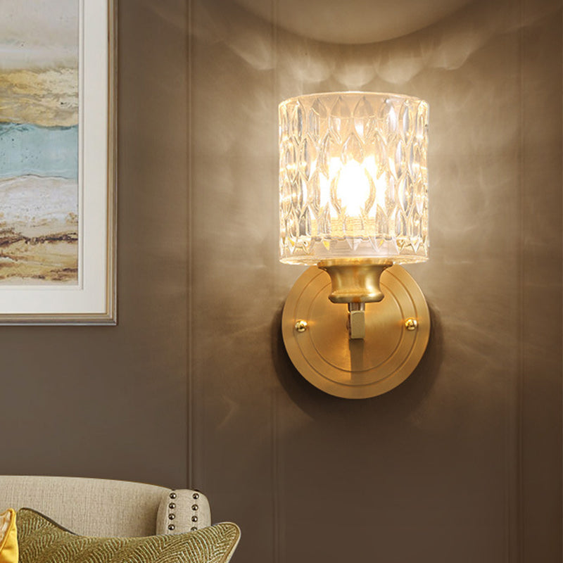 Cylindrical Wall Light Contemporary Stylish Clear Dimpled Glass 1 Bulb Golden Wall Sconce Fixture for Bedroom Clearhalo 'Modern wall lights' 'Modern' 'Wall Lamps & Sconces' 'Wall Lights' Lighting' 261700