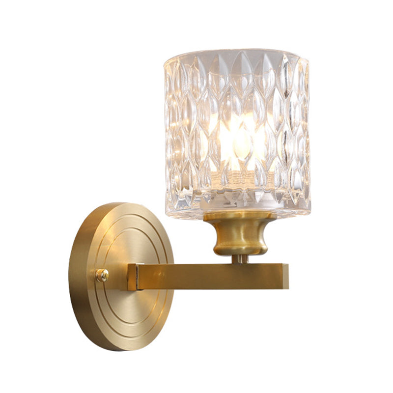 Cylindrical Wall Light Contemporary Stylish Clear Dimpled Glass 1 Bulb Golden Wall Sconce Fixture for Bedroom Clearhalo 'Modern wall lights' 'Modern' 'Wall Lamps & Sconces' 'Wall Lights' Lighting' 261702