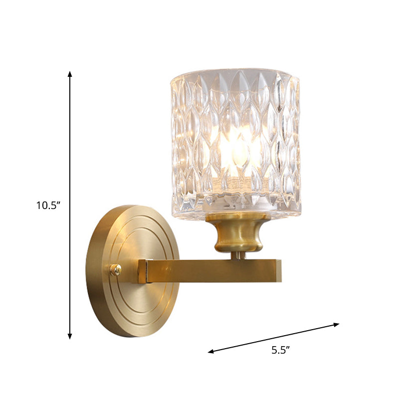 Cylindrical Wall Light Contemporary Stylish Clear Dimpled Glass 1 Bulb Golden Wall Sconce Fixture for Bedroom Clearhalo 'Modern wall lights' 'Modern' 'Wall Lamps & Sconces' 'Wall Lights' Lighting' 261703