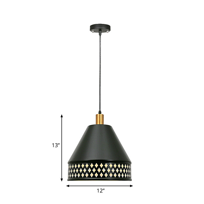 Conic Hanging Light Fixture Industrial Style Metal 1 Head Black Pendant Lighting with Hollow Out Design Clearhalo 'Art Deco Pendants' 'Black' 'Cast Iron' 'Ceiling Lights' 'Ceramic' 'Crystal' 'Industrial Pendants' 'Industrial' 'Metal' 'Middle Century Pendants' 'Pendant Lights' 'Pendants' 'Rustic Pendants' 'Tiffany' Lighting' 261718