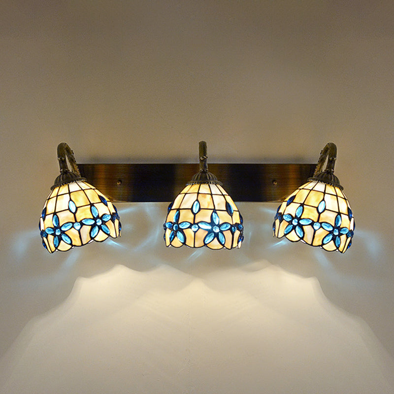 Tiffany Vanity Mirror Lights Aged Brass Vanity Wall Sconce in Natural Shell Shade 3.0 Royal Blue Clearhalo 'Vanity Lights' 'Wall Lights' Lighting' 2617303