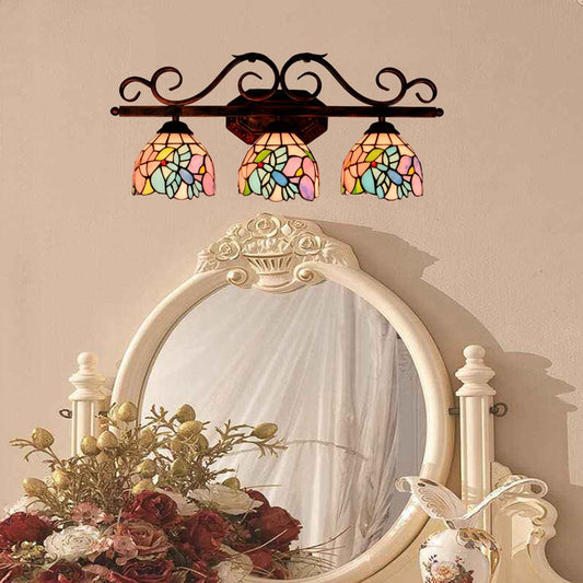 Vintage 3 Lights Vanity Wall Sconce Tiffany Vanity Lamps Bathroom in Multi-Color Glass Shade Clearhalo 'Vanity Lights' 'Wall Lights' Lighting' 2617318