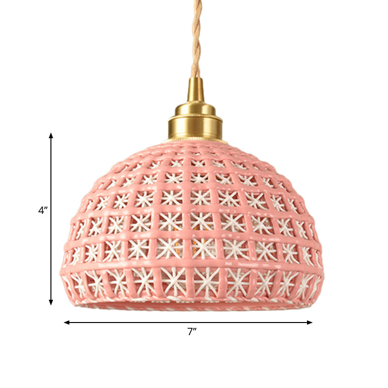 Blue/Pink Dome Suspension Lamp Vintage Stylish 1 Light Ceramic Hanging Lighting with Hollow Out Design Clearhalo 'Art Deco Pendants' 'Cast Iron' 'Ceiling Lights' 'Ceramic' 'Crystal' 'Industrial Pendants' 'Industrial' 'Metal' 'Middle Century Pendants' 'Pendant Lights' 'Pendants' 'Tiffany' Lighting' 261736