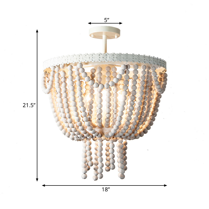 Beaded Bowl Shape Ceiling Pendant French Country 4 Lights Living Room White Wood Chandelier Lamp Clearhalo 'Ceiling Lights' 'Chandeliers' Lighting' options 261742