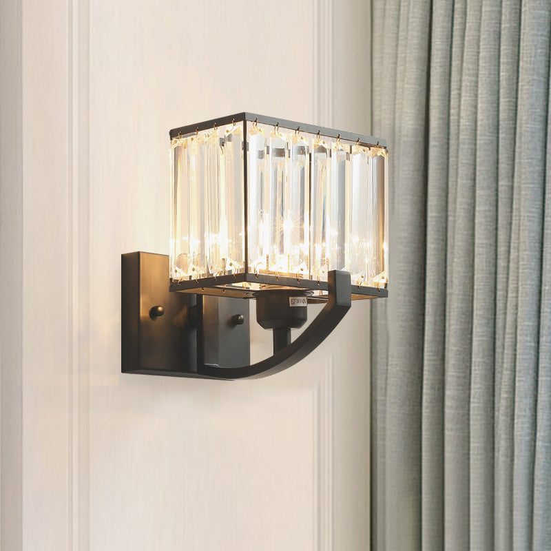 Black/Gold Rectangle Wall Mount Lighting Modern Style 1 Head Clear Crystal Sconce Light for Bedroom, 7"/18" W Black 7" Clearhalo 'Modern wall lights' 'Modern' 'Wall Lamps & Sconces' 'Wall Lights' Lighting' 261749