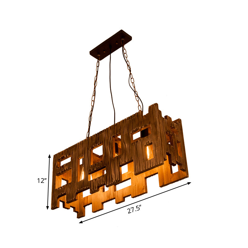 Rectangle Restaurant Island Chandelier Light Wood 2/3 Bulbs Countryside Pendant Lamp with Hollow Out Design in Brown Clearhalo 'Ceiling Lights' 'Island Lights' Lighting' 261777