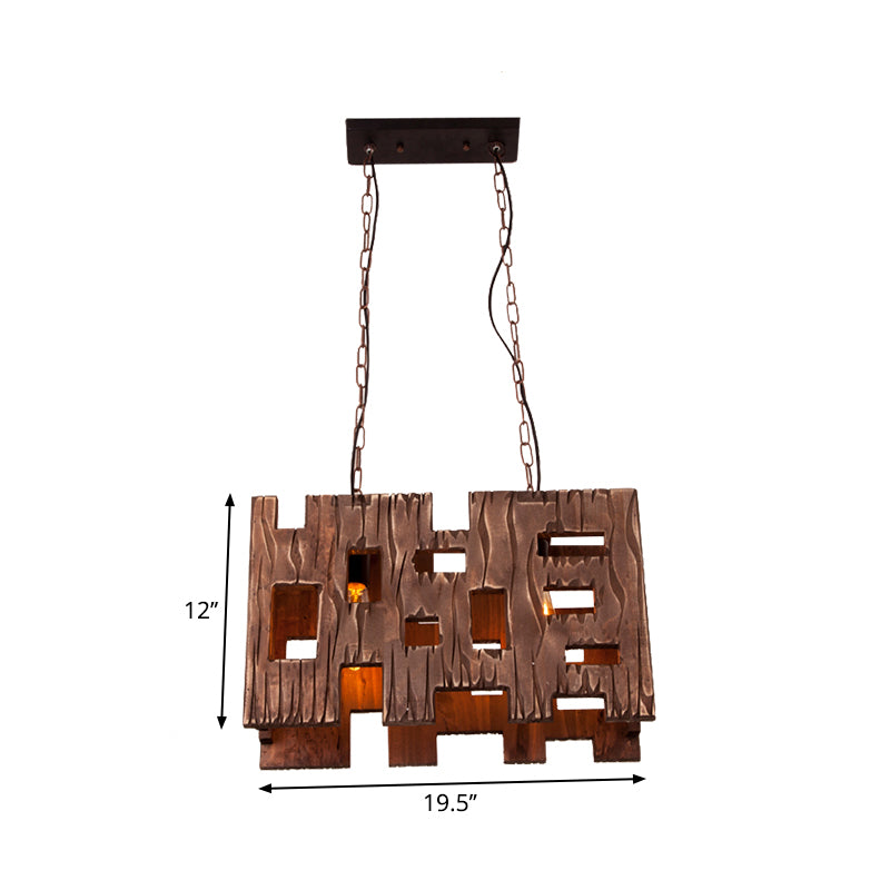 Rectangle Restaurant Island Chandelier Light Wood 2/3 Bulbs Countryside Pendant Lamp with Hollow Out Design in Brown Clearhalo 'Ceiling Lights' 'Island Lights' Lighting' 261778