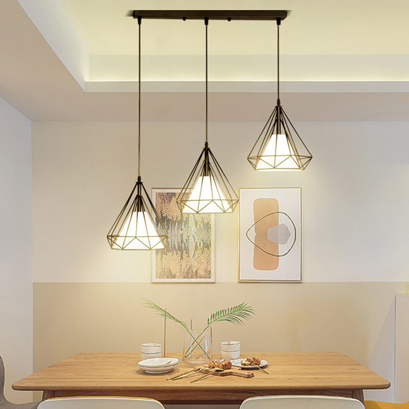 3 Lights Diamond Cage Pendant Industrial Iron Ceiling Pendant with Hanging Cord for Bar Black Linear Clearhalo 'Ceiling Lights' 'Pendant Lights' 'Pendants' Lighting' 2618262