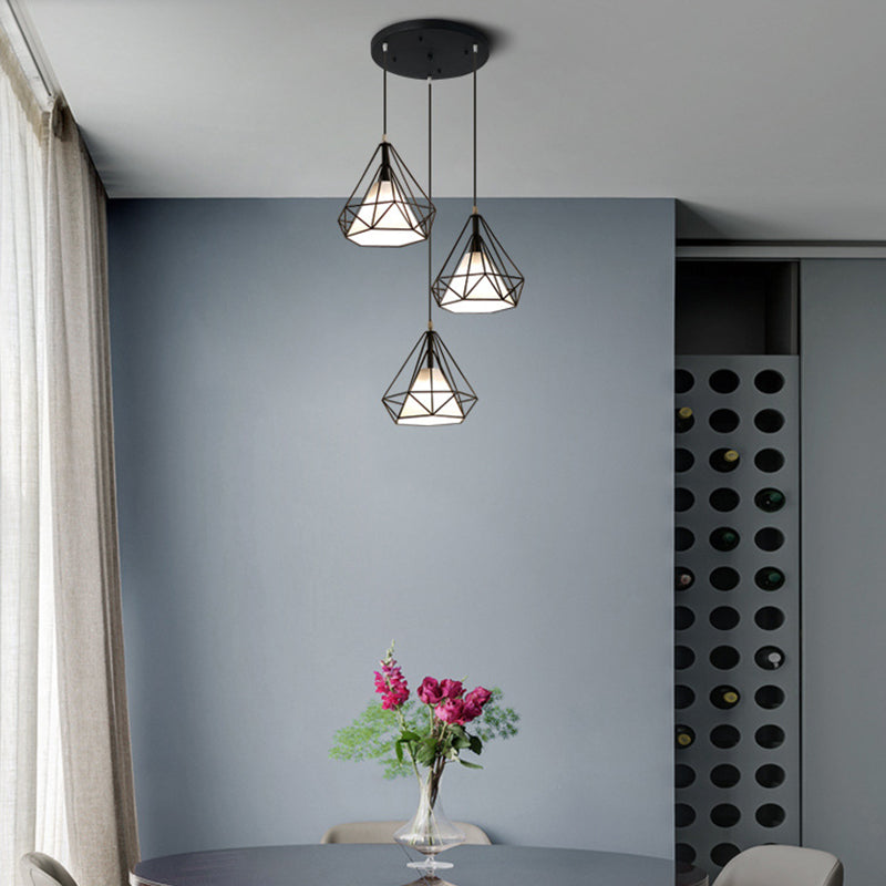 3 Lights Diamond Cage Pendant Industrial Iron Ceiling Pendant with Hanging Cord for Bar Black Round Clearhalo 'Ceiling Lights' 'Pendant Lights' 'Pendants' Lighting' 2618263