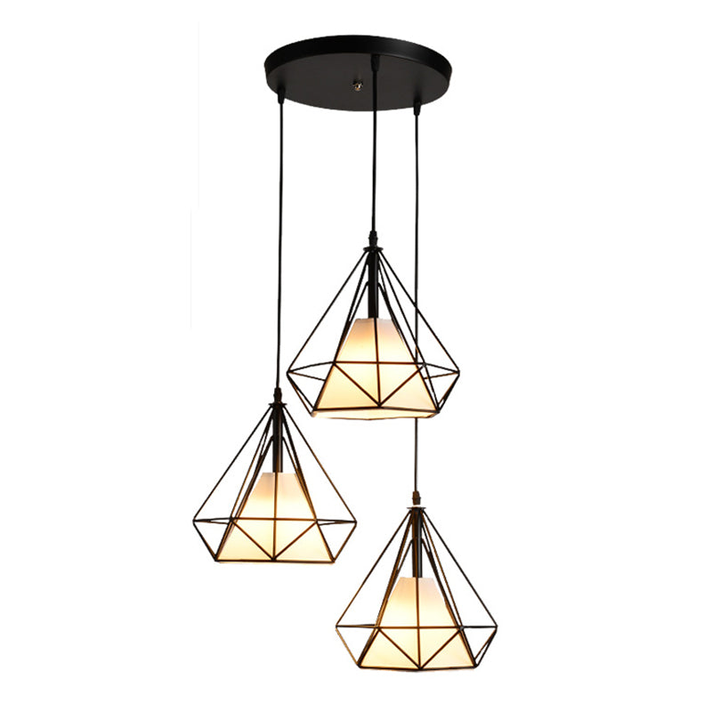 3 Lights Diamond Cage Pendant Industrial Iron Ceiling Pendant with Hanging Cord for Bar Clearhalo 'Ceiling Lights' 'Pendant Lights' 'Pendants' Lighting' 2618264