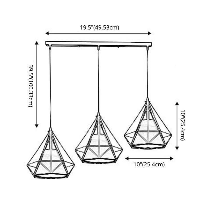 3 Lights Diamond Cage Pendant Industrial Iron Ceiling Pendant with Hanging Cord for Bar Clearhalo 'Ceiling Lights' 'Pendant Lights' 'Pendants' Lighting' 2618265