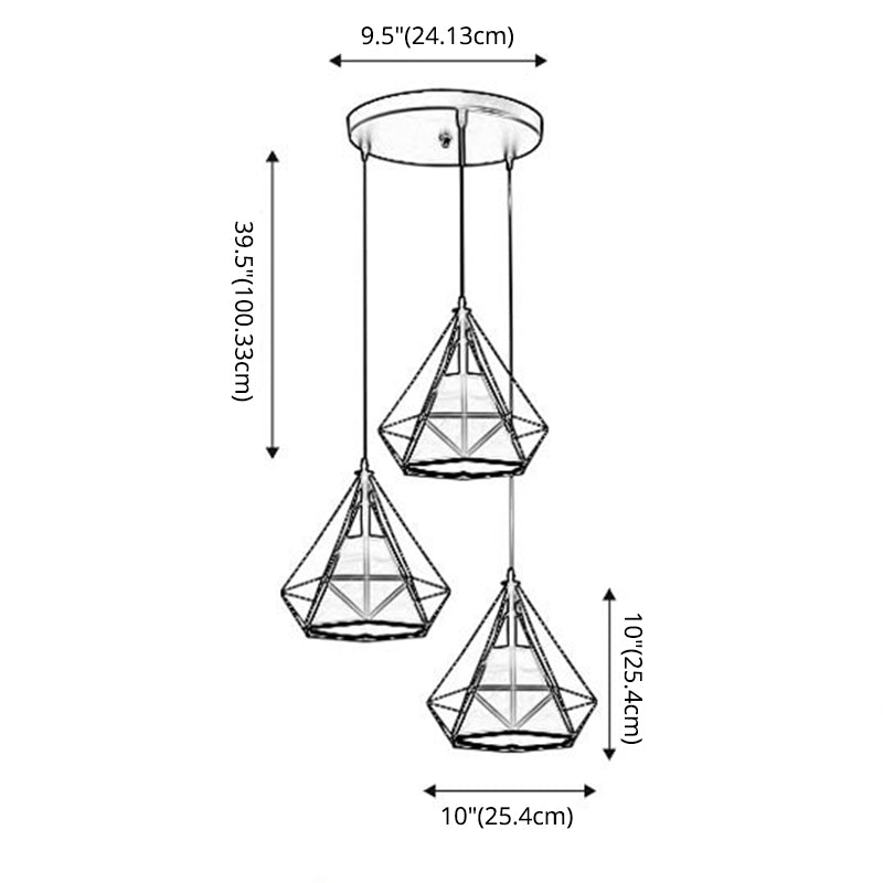 3 Lights Diamond Cage Pendant Industrial Iron Ceiling Pendant with Hanging Cord for Bar Clearhalo 'Ceiling Lights' 'Pendant Lights' 'Pendants' Lighting' 2618266