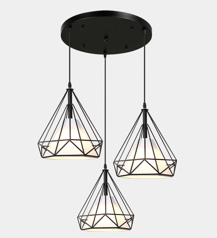 3 Lights Diamond Cage Pendant Industrial Iron Ceiling Pendant with Hanging Cord for Bar Clearhalo 'Ceiling Lights' 'Pendant Lights' 'Pendants' Lighting' 2618267